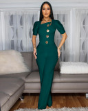Women Fashion Short Sleeve Button Jumpsuits