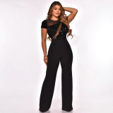 Women Irregular Sequin Patchwork Short Sleeve Jumpsuit