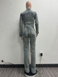 Women Spring Sexy Stretch Washed Zipper Denim Jacket Top and PantsTwo Piece Set