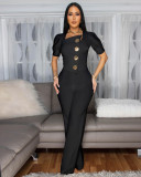 Women Fashion Short Sleeve Button Jumpsuits