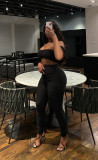 Women Sexy Backless Strapless Solid Top and Pants Two Piece Set