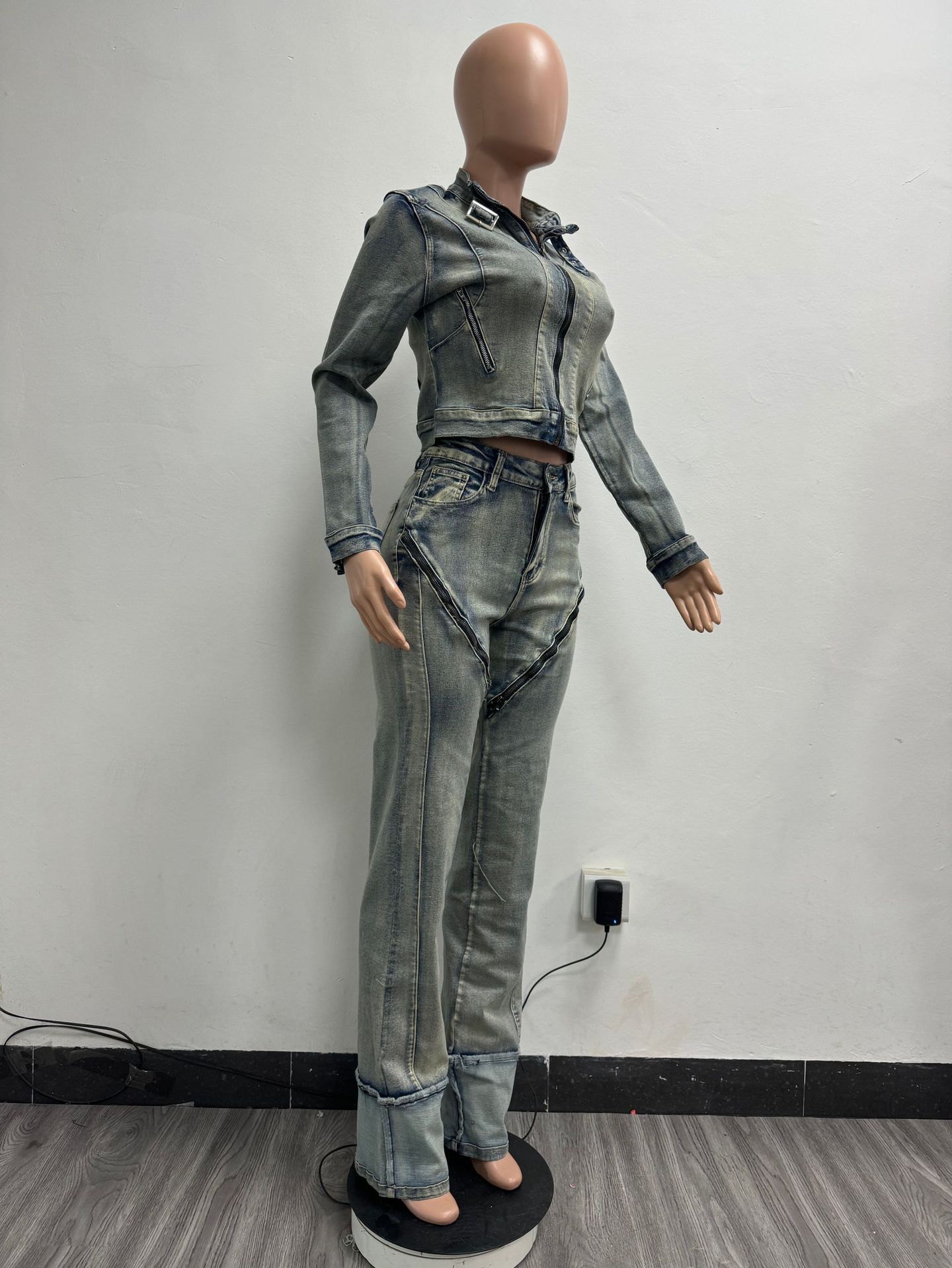 Women Spring Sexy Stretch Washed Zipper Denim Jacket Top and PantsTwo Piece Set