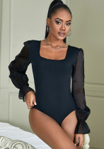 Spring & Autumn Women's Solid Color Slim-Fit Square Neck Mesh Long-Sleeve Bodysuit Spring & Autumn Women's Solid Color Slim-Fit Square Neck Mesh Long-Sleeve Bodysuit