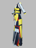 Spring & Autumn Women's Fashion Elegant Wrap V-Neck Half-Sleeve Print Belt Maxi Dress