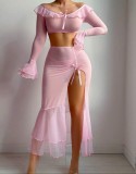See Through Mesh Long-Sleeve Sexy Crop Top Slit Skirt Set