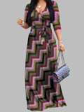 Spring & Autumn Women's Fashion Elegant Wrap V-Neck Half-Sleeve Print Belt Maxi Dress