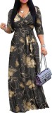 Spring & Autumn Women's Fashion Elegant Wrap V-Neck Half-Sleeve Print Belt Maxi Dress