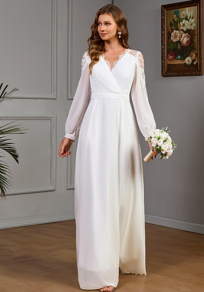 Lace Patchwork Long Slim Waist Elegant Evening Dress Chiffon Wedding Gown