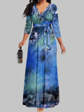 Spring & Autumn Women's Fashion Elegant Wrap V-Neck Half-Sleeve Print Belt Maxi Dress