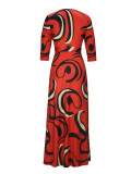 Spring & Autumn Women's Fashion Elegant Wrap V-Neck Half-Sleeve Print Belt Maxi Dress
