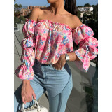 Off-Shoulder Solid Color Sexy Floral Print Long-Sleeve Shirt