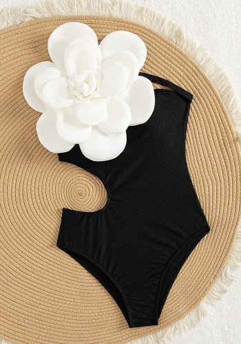 3D Flower Design Asymmetric One-Shoulder Cutout One-Piece Swimsuit