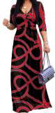 Spring & Autumn Women's Fashion Elegant Wrap V-Neck Half-Sleeve Print Belt Maxi Dress
