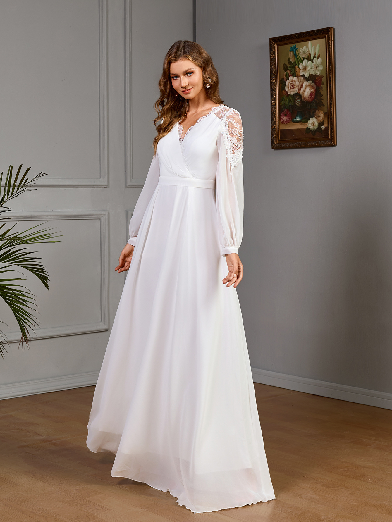 Lace Patchwork Long Slim Waist Elegant Evening Dress Chiffon Wedding Gown