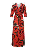 Spring & Autumn Women's Fashion Elegant Wrap V-Neck Half-Sleeve Print Belt Maxi Dress
