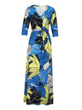 Spring & Autumn Women's Fashion Elegant Wrap V-Neck Half-Sleeve Print Belt Maxi Dress