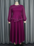 Plus Size Ruffle Elegant Round Neck Beaded Pleated Party Dress