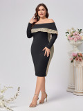 Plus Size Women's Fashion Chic Elegant Off-Shoulder Sequin Long-Sleeve Bodycon Dress