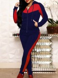 Spring Autumn & Winter Plus Size Women's Color Block Hooded Top Long Pants Casual Two Piece Set