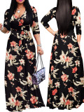 Spring & Autumn Women's Fashion Elegant Wrap V-Neck Half-Sleeve Print Belt Maxi Dress