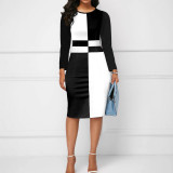 Plus Size Women's Fashion Casual Color Block High Waist Round Neck Long-Sleeve Bodycon Dress