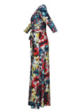 Spring & Autumn Women's Fashion Elegant Wrap V-Neck Half-Sleeve Print Belt Maxi Dress