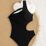 3D Flower Design Asymmetric One-Shoulder Cutout One-Piece Swimsuit