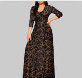 Spring & Autumn Women's Fashion Elegant Wrap V-Neck Half-Sleeve Print Belt Maxi Dress