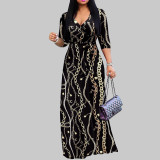 Spring & Autumn Women's Fashion Elegant Wrap V-Neck Half-Sleeve Print Belt Maxi Dress