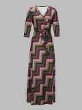 Spring & Autumn Women's Fashion Elegant Wrap V-Neck Half-Sleeve Print Belt Maxi Dress