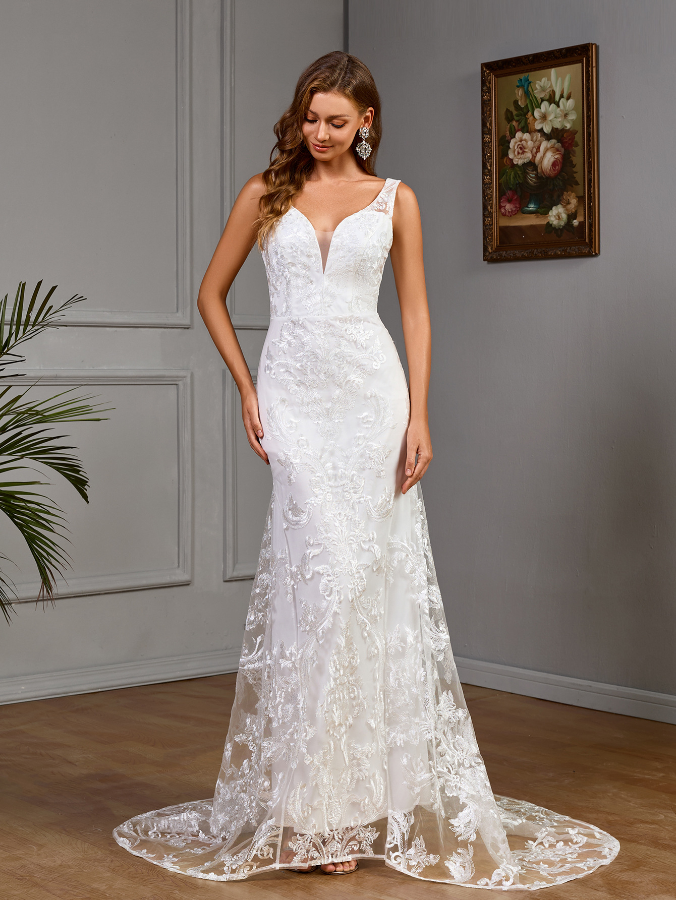 Women's White Lace Wedding Dress Bridal Gown