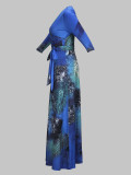 Spring & Autumn Women's Fashion Elegant Wrap V-Neck Half-Sleeve Print Belt Maxi Dress