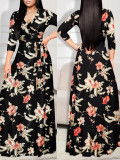 Spring & Autumn Women's Fashion Elegant Wrap V-Neck Half-Sleeve Print Belt Maxi Dress