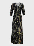 Spring & Autumn Women's Fashion Elegant Wrap V-Neck Half-Sleeve Print Belt Maxi Dress