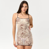 Spring & Summer Women's Strappy Round Neck Floral Print See-Through Mesh Bodycon Dress