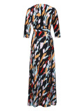 Spring & Autumn Women's Fashion Elegant Wrap V-Neck Half-Sleeve Print Belt Maxi Dress