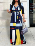 Spring & Autumn Women's Fashion Elegant Wrap V-Neck Half-Sleeve Print Belt Maxi Dress