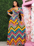 Spring & Autumn Women's Fashion Elegant Wrap V-Neck Half-Sleeve Print Belt Maxi Dress