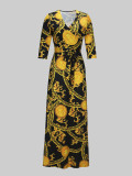 Spring & Autumn Women's Fashion Elegant Wrap V-Neck Half-Sleeve Print Belt Maxi Dress