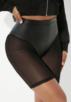 Spring & Summer Women's Solid Color Elastic Waist See-Through Mesh Leather Patchwork Tight-Fitting Knee-Length Shorts