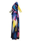Spring & Autumn Women's Fashion Elegant Wrap V-Neck Half-Sleeve Print Belt Maxi Dress