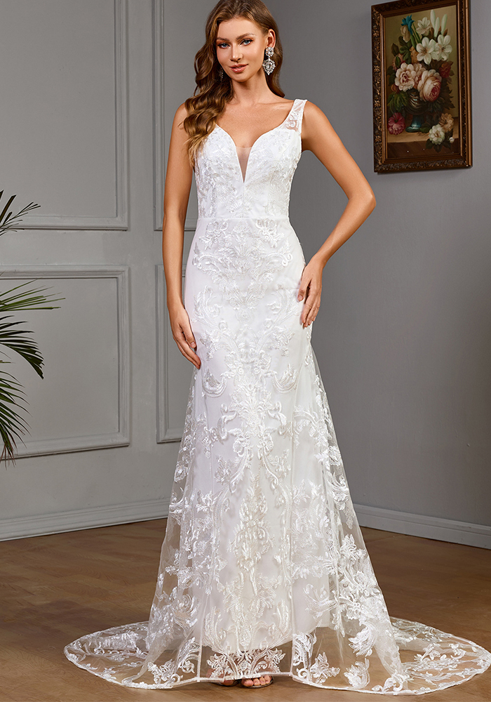 Women's White Lace Wedding Dress Bridal Gown
