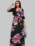 Spring & Autumn Women's Fashion Elegant Wrap V-Neck Half-Sleeve Print Belt Maxi Dress
