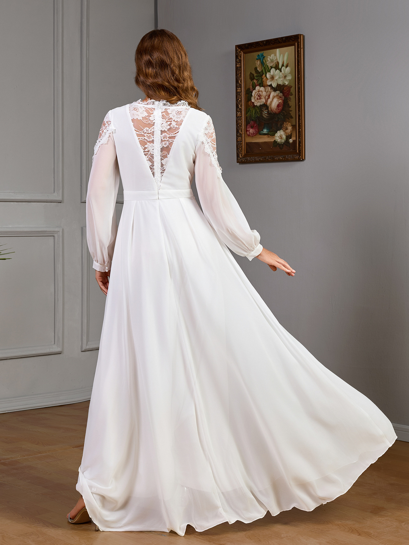 Lace Patchwork Long Slim Waist Elegant Evening Dress Chiffon Wedding Gown