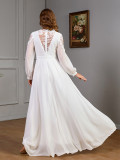 Lace Patchwork Long Slim Waist Elegant Evening Dress Chiffon Wedding Gown