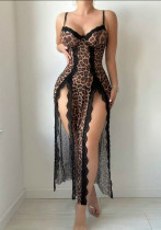 Sexy Leopard Print Strappy Lace Trim Nightgown