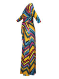 Spring & Autumn Women's Fashion Elegant Wrap V-Neck Half-Sleeve Print Belt Maxi Dress