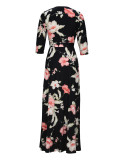 Spring & Autumn Women's Fashion Elegant Wrap V-Neck Half-Sleeve Print Belt Maxi Dress