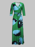 Spring & Autumn Women's Fashion Elegant Wrap V-Neck Half-Sleeve Print Belt Maxi Dress