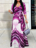 Spring & Autumn Women's Fashion Elegant Wrap V-Neck Half-Sleeve Print Belt Maxi Dress